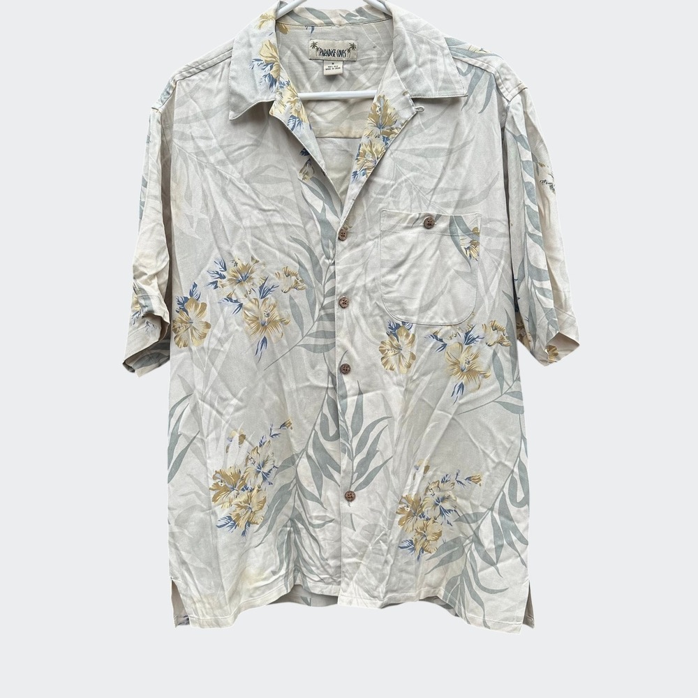 Paradise Coves Mens Silk Hawaiian Shirt Medium Floral Tropical Camp Aloha